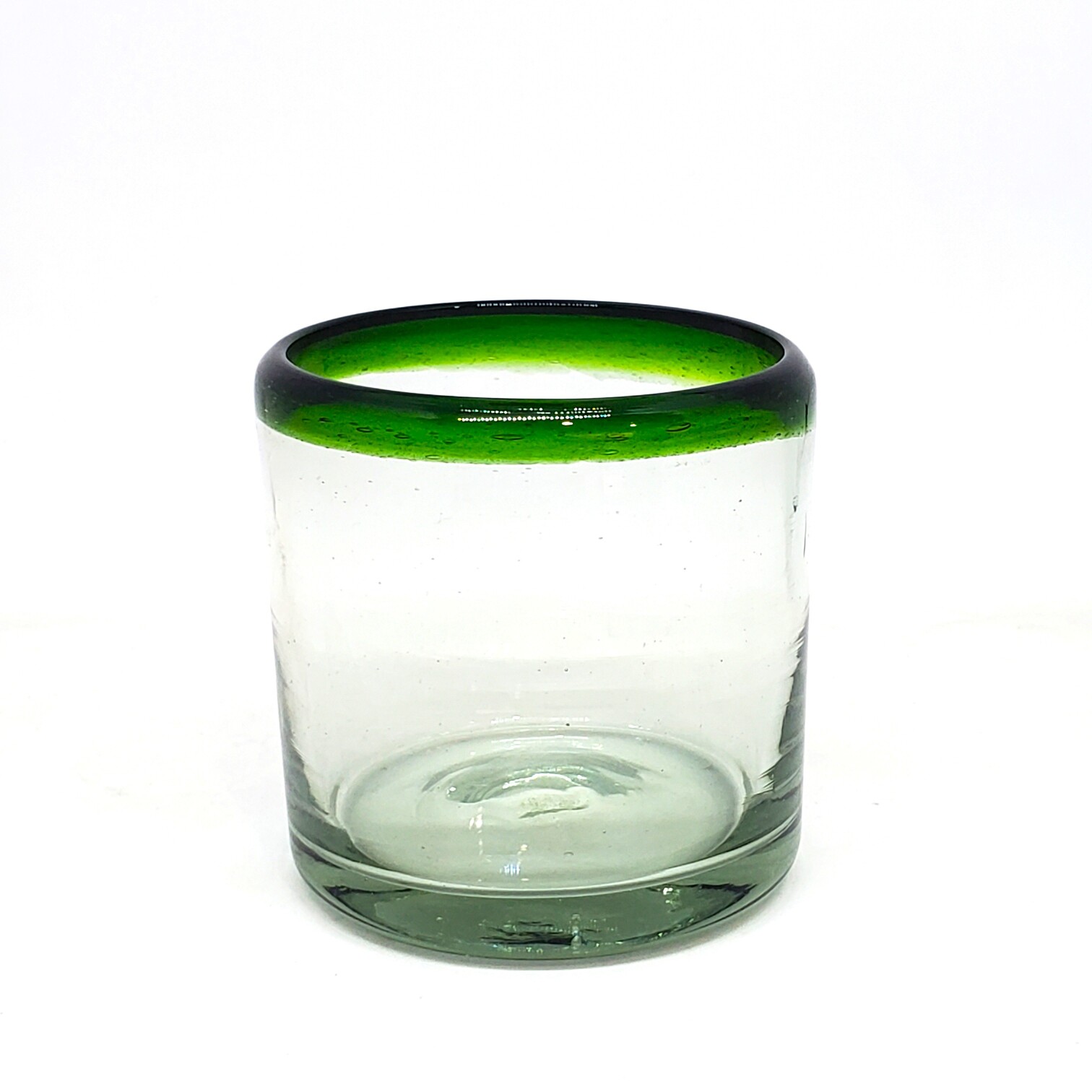 VIDRIO SOPLADO / Juego de 6 vasos roca con borde verde esmeralda